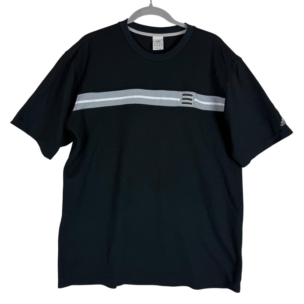Vintage Adidas Shirt Mens Medium Black Mesh Stripe Short Sleeve Athletic Tee Y2K